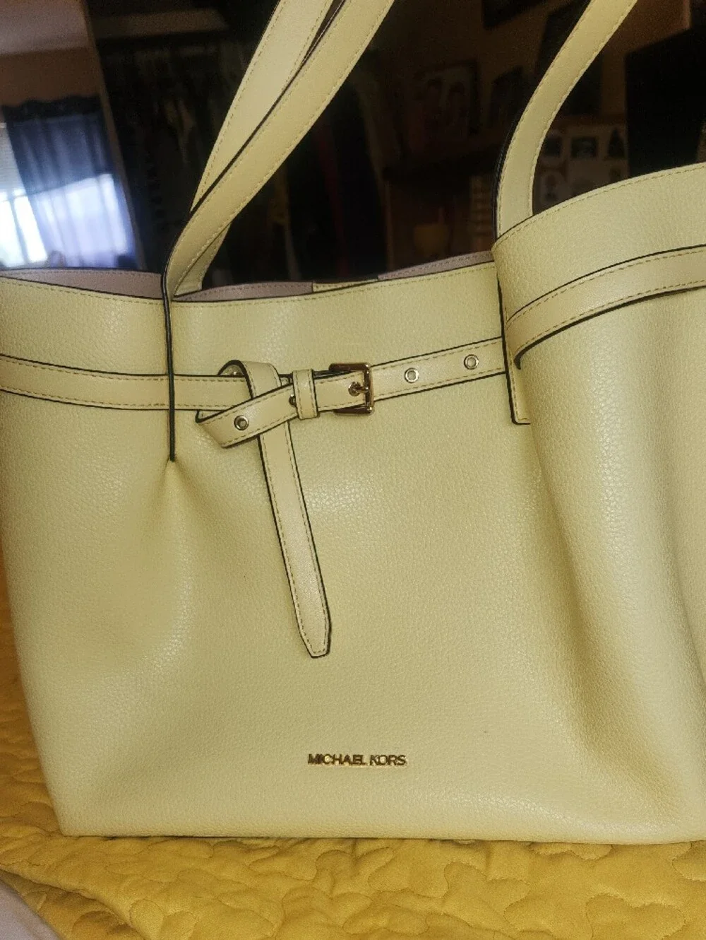 Michael Kors Light Yellow Pebbled Leather Tote with Gold Hardware